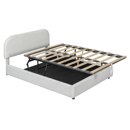 Merax Teddy Fleece Full Size Upholstered Platform Bed with Hydraulic Storage System,Curved Headboard,Hidden Lift-Up Storage Compartment,No Box Spring Needed for Bedroom,Guest Room,White