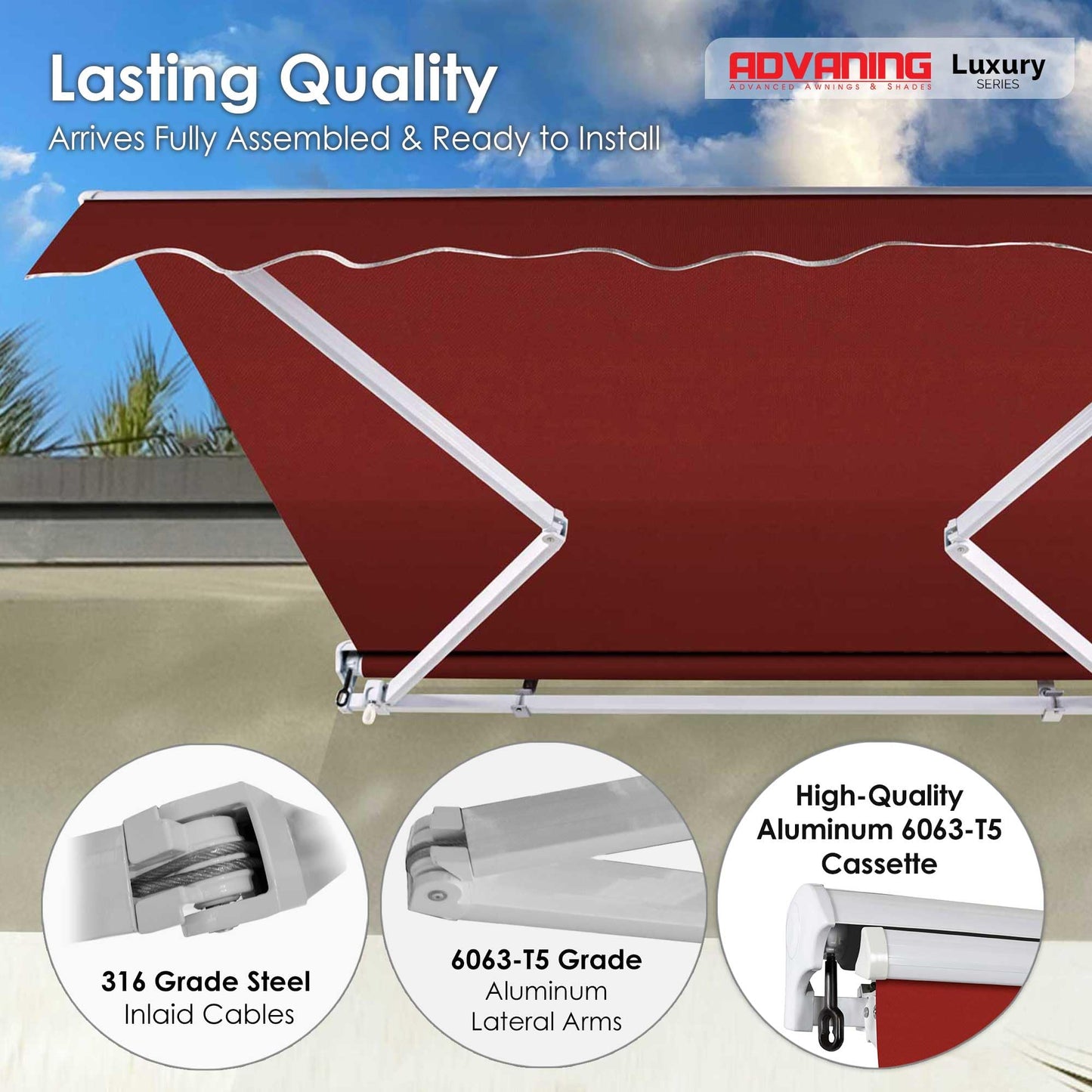 ADVANING Luxury Series, 14'x10' Electric Retractable Awning, Premium Quality Fully Assembled UV+ Sun Shade Canopy, Terracotta, EA1410-A104H2