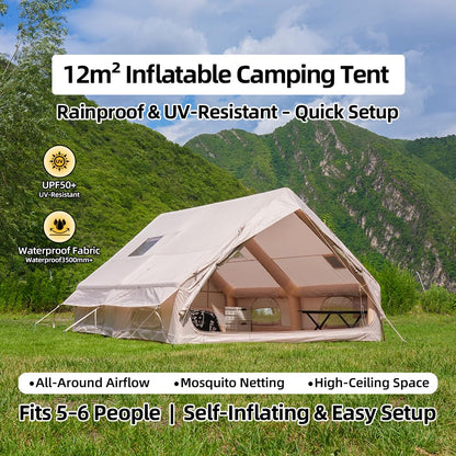 Inflatable Tents for Camping, Blow Up Tent with Hand Pump, Easy Setup 4 Season Inflatable Tent with Mesh & Chimney Window., Waterproof Oxford Air Tents for Camping 4/6/8/10/12 (157.5*118*78.7inch)