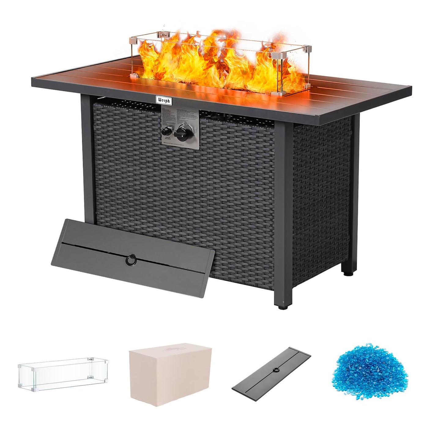 Werph 43" Propane Fire Pit Table with Rattan Fence, 50,000 BTU Gas Fire Pits for Outside Patio with Auto-Ignition, 2-in-1 Fire Table with Natural Lava Rock, Wind Guard& Removable Lid, Black