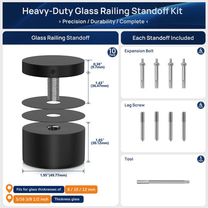 LukLoy 10 Pack Marine Grade SS316 Solid 1.32lb Heavy Duty Glass Railing Standoff for Balcony Stair Balustrade Bracket, 2" Glass Stair Railing Standoff Matte Black