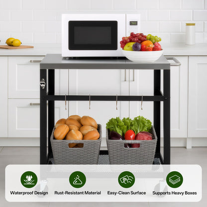 KEIKI 2-Tier Outdoor Grill Cart Table with 4 Wheels, Tool Hooks, Mesh Shelf, Movable BBQ Cooking Prep Table, Pizza Oven Table, Serving Bar Cart for Backyard, Indoor, Outside, Kitchen, Stainless Steel