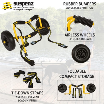Suspenz Stowable Kayak Carrier Cart, SK Trailer Cart with Airless Wheels and Straps, Yellow, (22-1166)