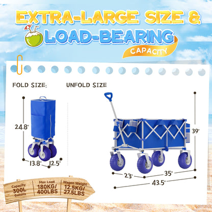 CAtArt Beach Wagon with Big Wheels for Sand, 400LBS Heavy Duty Foldable Wagons Carts, 9" All-Terrain PVC Inflatable Tires, Easy Storage for Beach, Grocery Shopping, Sports Camping (Blue)