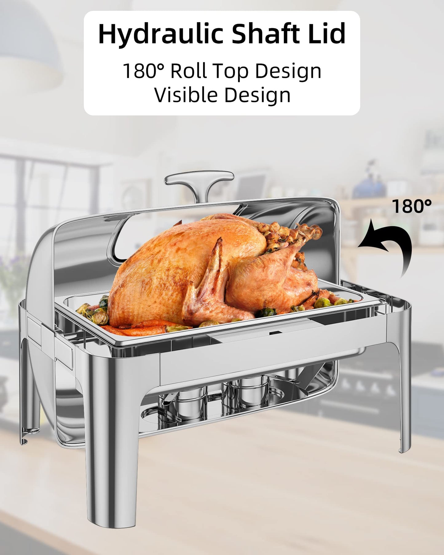 Garvee Rectangular Roll Top Chafing Dish Buffet Set, 9QT Stainless Steel Chafing Dish Set Equipped with 1 Full Size Pan, Catering Warmer Server with Visible Lid Water Pan Stand Fuel Holder Clip