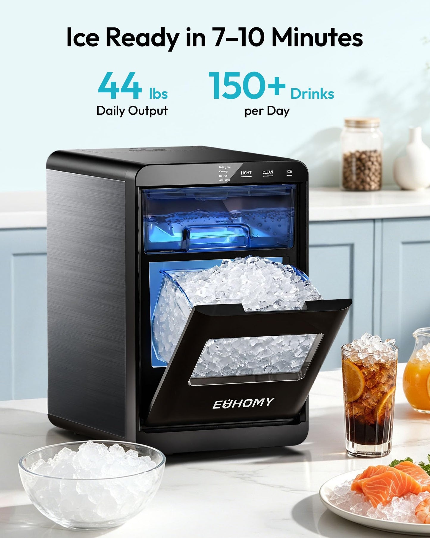 EUHOMY Nugget Ice Maker Countertop, 44Lbs/24H Sonic Ice Maker Machine, Self-Cleaning Pellet Ice Makers with Ice Scoop&Basket, Countertop Pebble Ice Maker for Home/Kitchen/Office