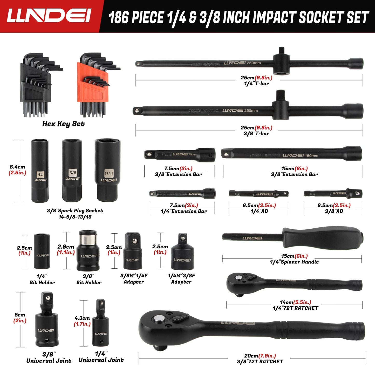 LLNDEI 1/4 & 3/8 Inch Drive Impact Socket Set, 186 Pieces Metric and Standard Full Sockets, CR-V Deep & Shallow Sockets Tool Set with Ratchet Wrench Handle, Spark Plug Socket, Bits for Mechanic