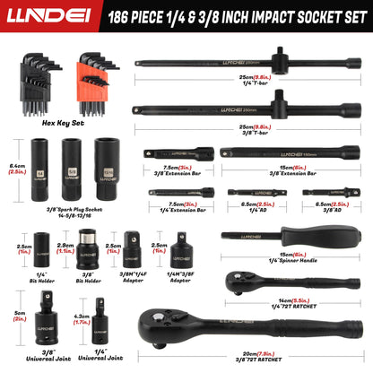 LLNDEI 1/4 & 3/8 Inch Drive Impact Socket Set, 186 Pieces Metric and Standard Full Sockets, CR-V Deep & Shallow Sockets Tool Set with Ratchet Wrench Handle, Spark Plug Socket, Bits for Mechanic