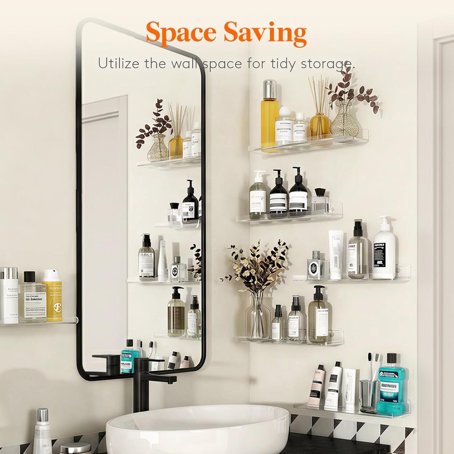 Lifewit Acrylic Floating Shelves - Versatile Wall Organizer for Bathroom & Home Decor | 14" Clear, 6 Pack