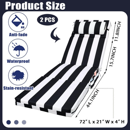 Wenqik 2 Pcs Outdoor Chaise Lounge Cushion with Pillow and Side Pocket Waterproof Lounge Chair Cushions with Pocket on Back 72 x 21 x 4 Inch Patio Replacement Pad for Pool Furniture(Black and White)