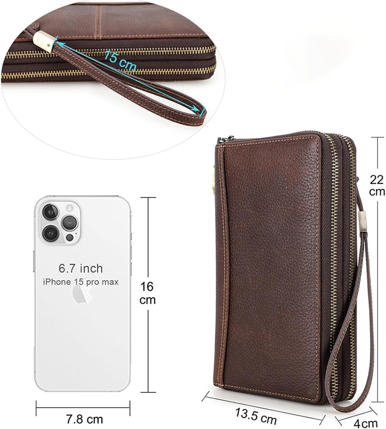 Men's Full Grain Leather Travel Passport Wallet Large Capacity Wristlet Clutch Phone Organizer Purse (Coffee)