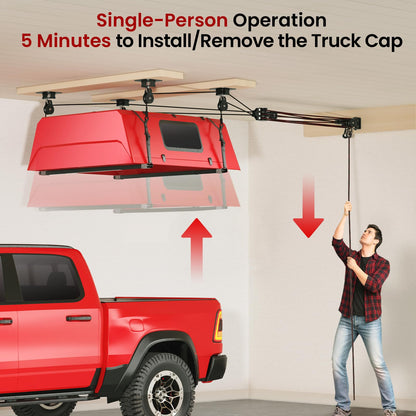 Pacikwest Truck Cap Hoist System for Garage Ceiling, Smart 4-Point Self-Leveling Garage Hoist with 8:1 Pulley Lift System, Easy One-Person Overhead Garage Storage Lift for Truck Topper Rack, 250 lb