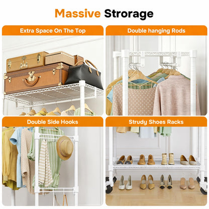 Simple Deluxe Rolling Clothes Rack, Heavy Duty Clothing Rack, 3-Shelf Portable Adjustable Wardrobe Closet with Wheels, Hanging Rods & Side Hooks, 43.3" W x 17.7" D x 80.3" H, White