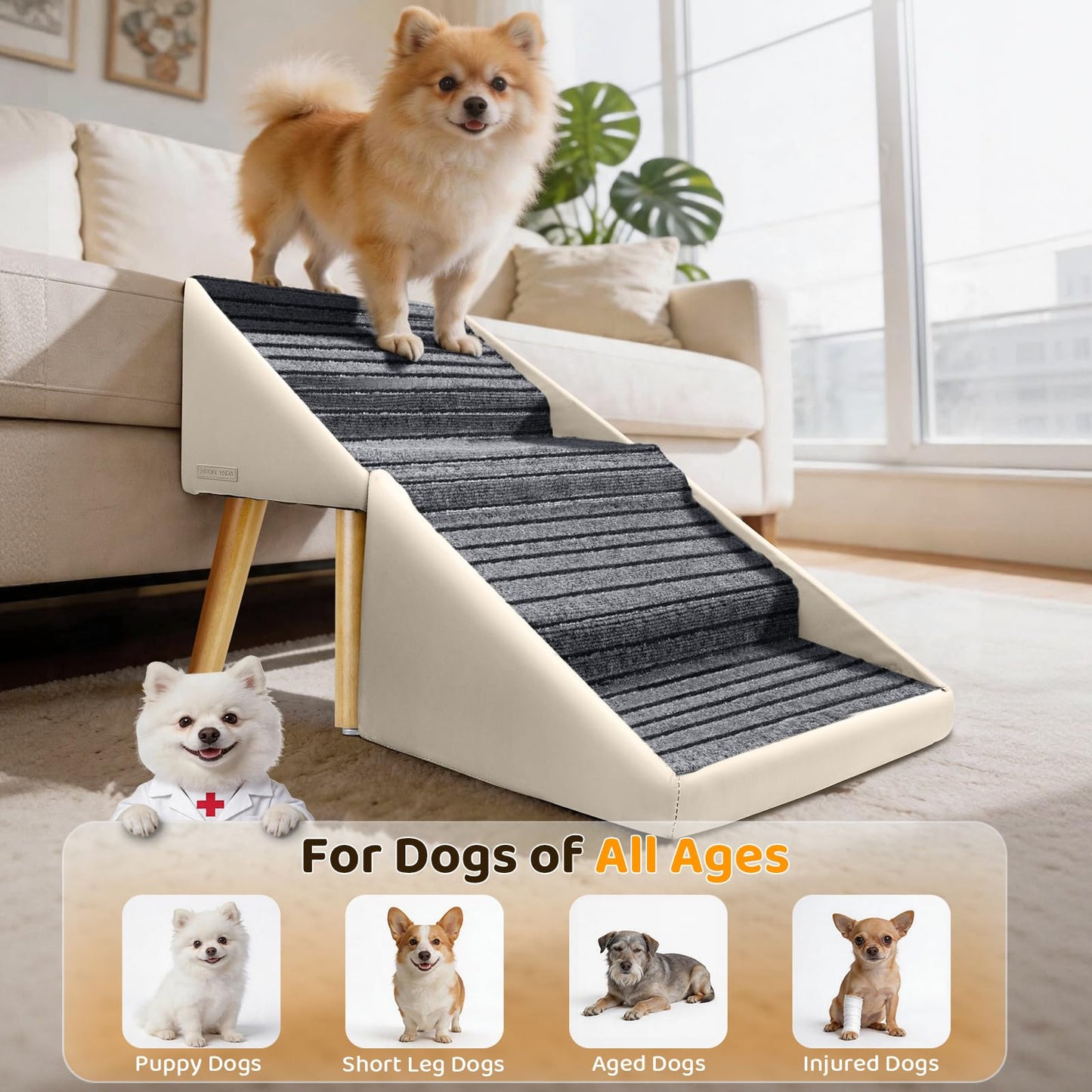 Dog Stairs for Small Medium Large Dogs, Cats, Puppies, Seniors & Injured Pets, 17" H 4-Step Foldable 2-in-1 Solid Wood Pet Steps & Split Ottoman, Non-Slip Dog Ramp for Couch Sofa Low Bed, Holds 250LBS