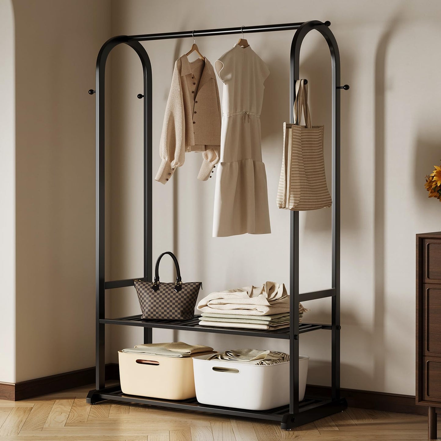 ZHBHYZ Sturdy metal clothes rack,Black freestanding clothing rack with bottom shelves and 6 side hooks,garment rack for hanging clothes,Modern wardrobe rack for Bedroom or cloakrooms