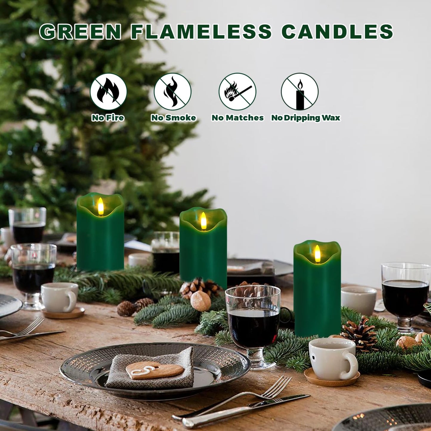 VEEKI Flameless Candles Light, Set of 2 6"x3" Flickering Christmas Flameless Candles with Remote & Timer, Dimmable Real Wax Pillar Candles Battery Operated, Green Candles for Home Xmas Decor (Green)