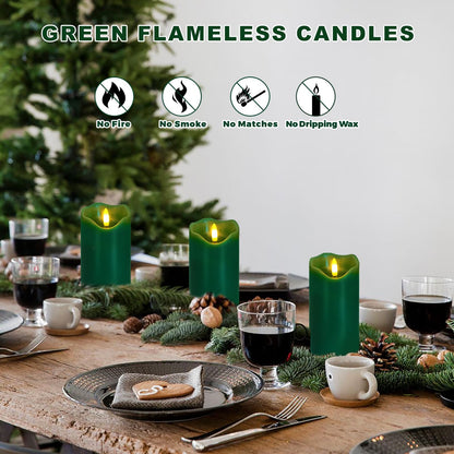VEEKI Flameless Candles Light, Set of 2 6"x3" Flickering Christmas Flameless Candles with Remote & Timer, Dimmable Real Wax Pillar Candles Battery Operated, Green Candles for Home Xmas Decor (Green)