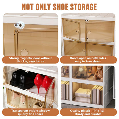 Beeveer 8-Tier Foldable Shoes Rack Organizer Clear Plastic Shoes Rack for Closet Shelf Collapsible Large Storage Box Stackable Easy Assembly Shoe Cabinet with Lids and Door(for 32 Pairs)
