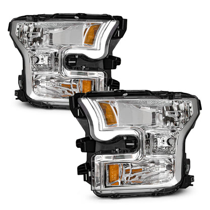 AXLAHA Headlight Assembly for 2015 2016 2017 Ford F150 with Chrome Housing Amber Reflector Driver and Passenger Side (Not compatible on models with LED or HID headlights)