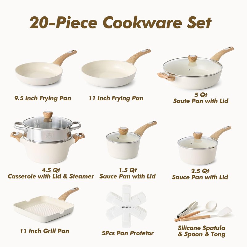 SENSARTE Ceramic Cookware Sets, Pots and Pans Set Nonstick, 20-Piece Induction Cookware, Non-toxic Healthy Non Stick Kitchen Cooking Set with Stay-Cool Handles, PFAS PTFE PFOA PFOS Free
