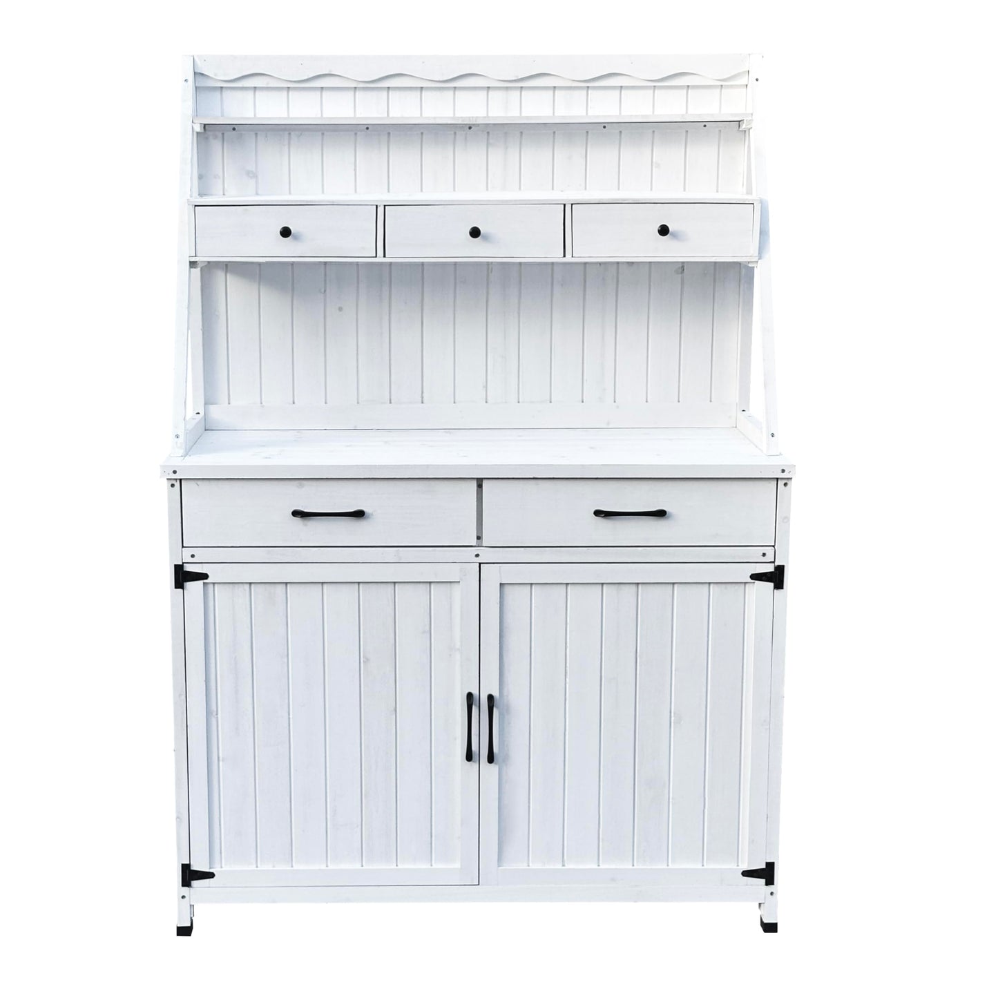 GDFStudio Farmhouse Outdoor Storage Bench Table with Cabinet, Fir Wood Potting Bench Plant Bench, Large Garden Storage Work Bench with Drawers Removable Shelf for Backyard Patio Greenhouse, White