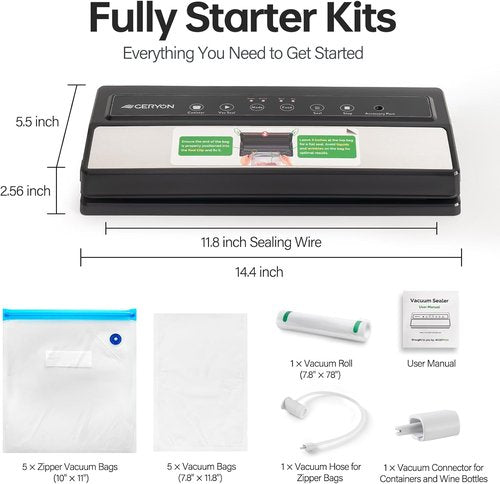 GERYON Vacuum Sealer Machine - Automatic Food Sealer for Dry & Moist Foods, Compact Design with LED Touch Panel, Includes Zipper Bags & Roll (Silver)