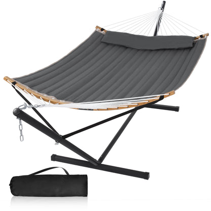 Mansion Home 55in Hammock with Stand, Heavy Duty Hammock with Stand Included, Two Person Hammock with Curved Spreader Bar, Pillow and Portable Bag, 450 Lbs Capacity, Dark Gray