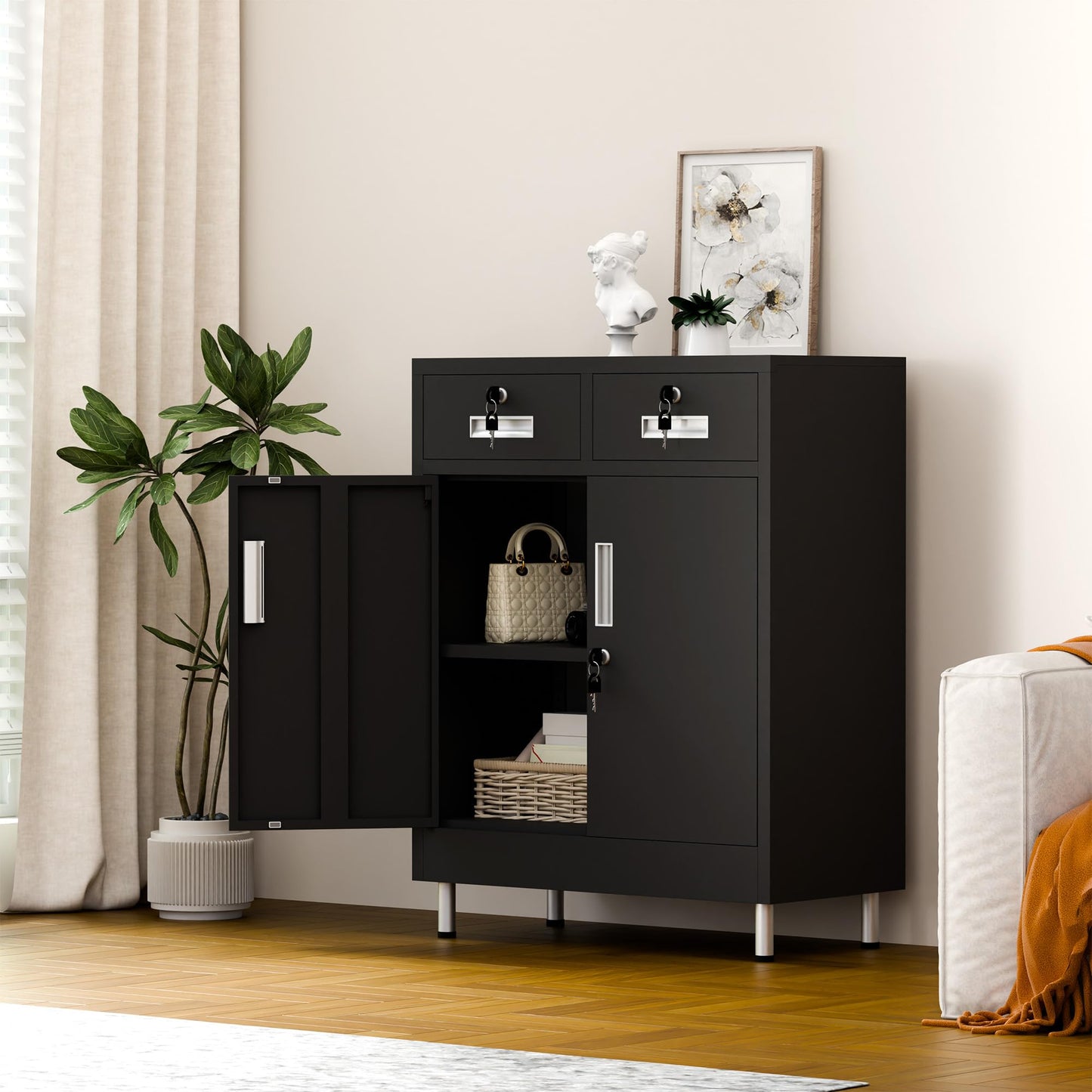 JINGUR Metal Storage Cabinet with Locking Doors and 2 Drawers, Lockable Storage Cabinet with Adjustable Shelf for Home Office Garage Entryway Pantry (Black)
