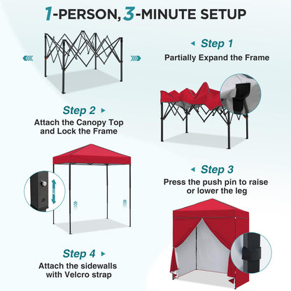 EAGLE PEAK 6x4 Instant Pop Up Canopy Tent with 4 Side Wall Panels, Straight Leg Sun Shelter, Portable Canopy with Carry Bag for Camping, Beach & Sports, Red