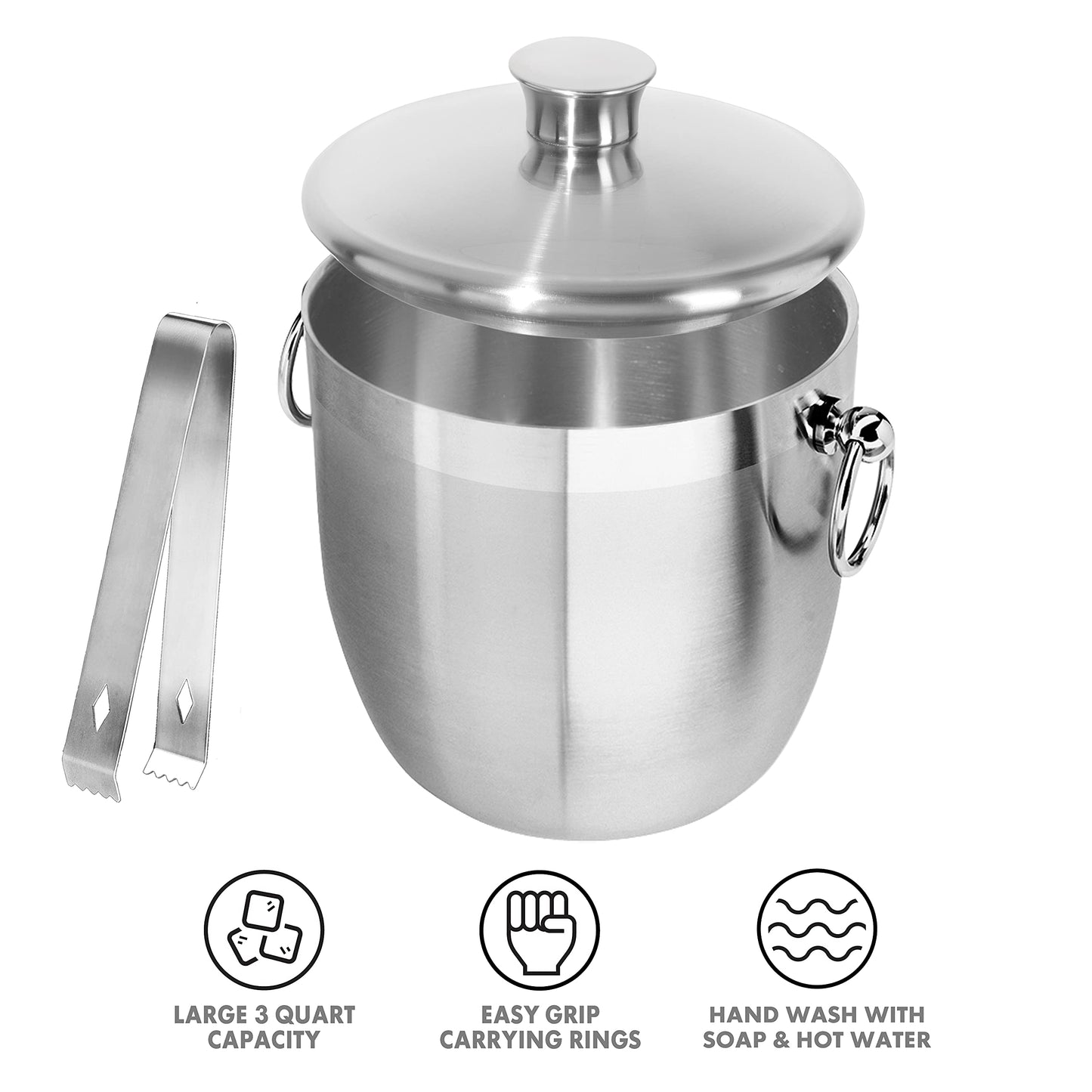 OGGI Double Wall Stainless Steel Ice Bucket - Insulated Ice Bucket with Elegant Steel Lid, Classic Handles Tongs - Great for Home Bar, Chilling Beer, Champagne and Wine - 3 qt (Pack of 3)