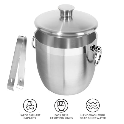 OGGI Double Wall Stainless Steel Ice Bucket - Insulated Ice Bucket with Elegant Steel Lid, Classic Handles Tongs - Great for Home Bar, Chilling Beer, Champagne and Wine - 3 qt (Pack of 3)
