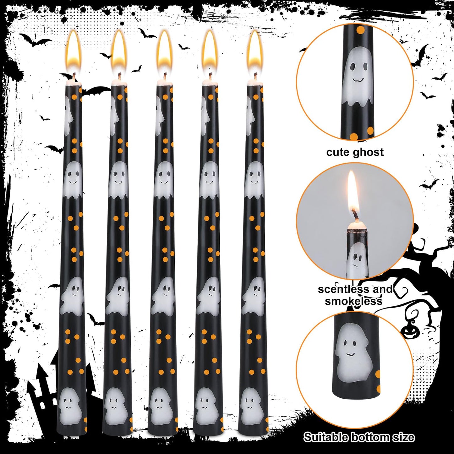 Threlaco 6 Pcs Taper Candles 9.8" Unscented Taper Candles Prints Dinner Table Home Decorations for Thanksgiving Autumn Harvest Festive Halloween Party Gift(Black Halloween Ghost)