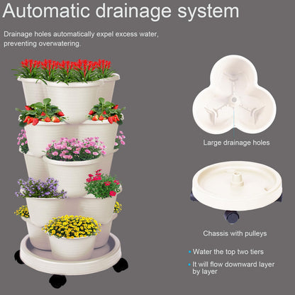 Pinky Family 5-Tier Vertical Garden Tower Stackable Planter for Strawberries, Flowers, Vegetables & Herbs Beige