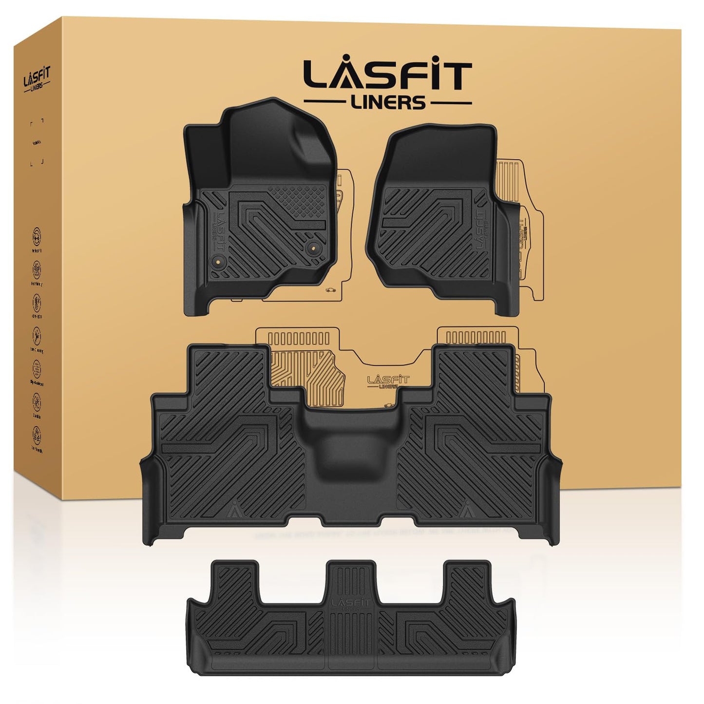 LASFIT Floor Mats for Ford Expedition | Expedition Max 8 Seater 2021 2022 2023 2024(Not Fit 7 Seats), All Weather TPE Protector Custom Fit for SUV Car Liners, 1st& 2nd& 3rd Row, Black 4pcs