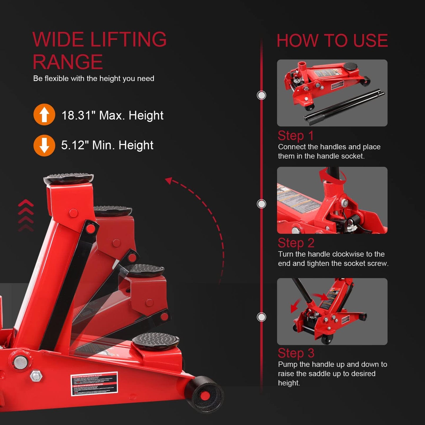 Big RED 3-Ton Heavy Duty Hydraulic Floor Jack, Dual Pump Quick Lift with Low Profile Design, 6600LBS Capacity for All Terrain Vehicles,Red