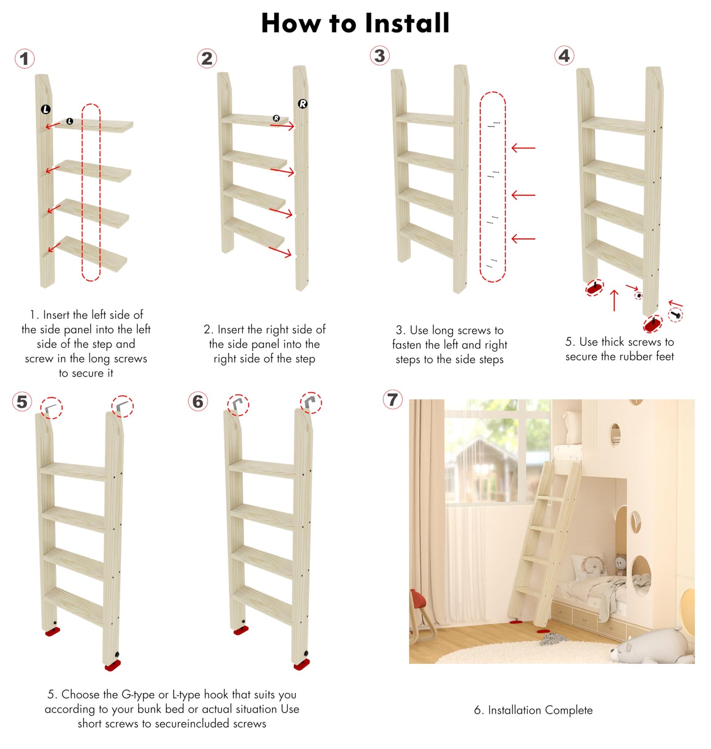50" 55" 60" Wood Bunk Bed Ladder, Lofted/Dorm/RV Bed Bunkbed Ladders with 4in Extra Wide Steps and Non-Slip Pads, Replacement Wooden Ladder for Motorhome/Camping (Wood Color, 60in /153cm)