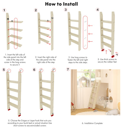 50" 55" 60" Wood Bunk Bed Ladder, Lofted/Dorm/RV Bed Bunkbed Ladders with 4in Extra Wide Steps and Non-Slip Pads, Replacement Wooden Ladder for Motorhome/Camping (Wood Color, 60in /153cm)