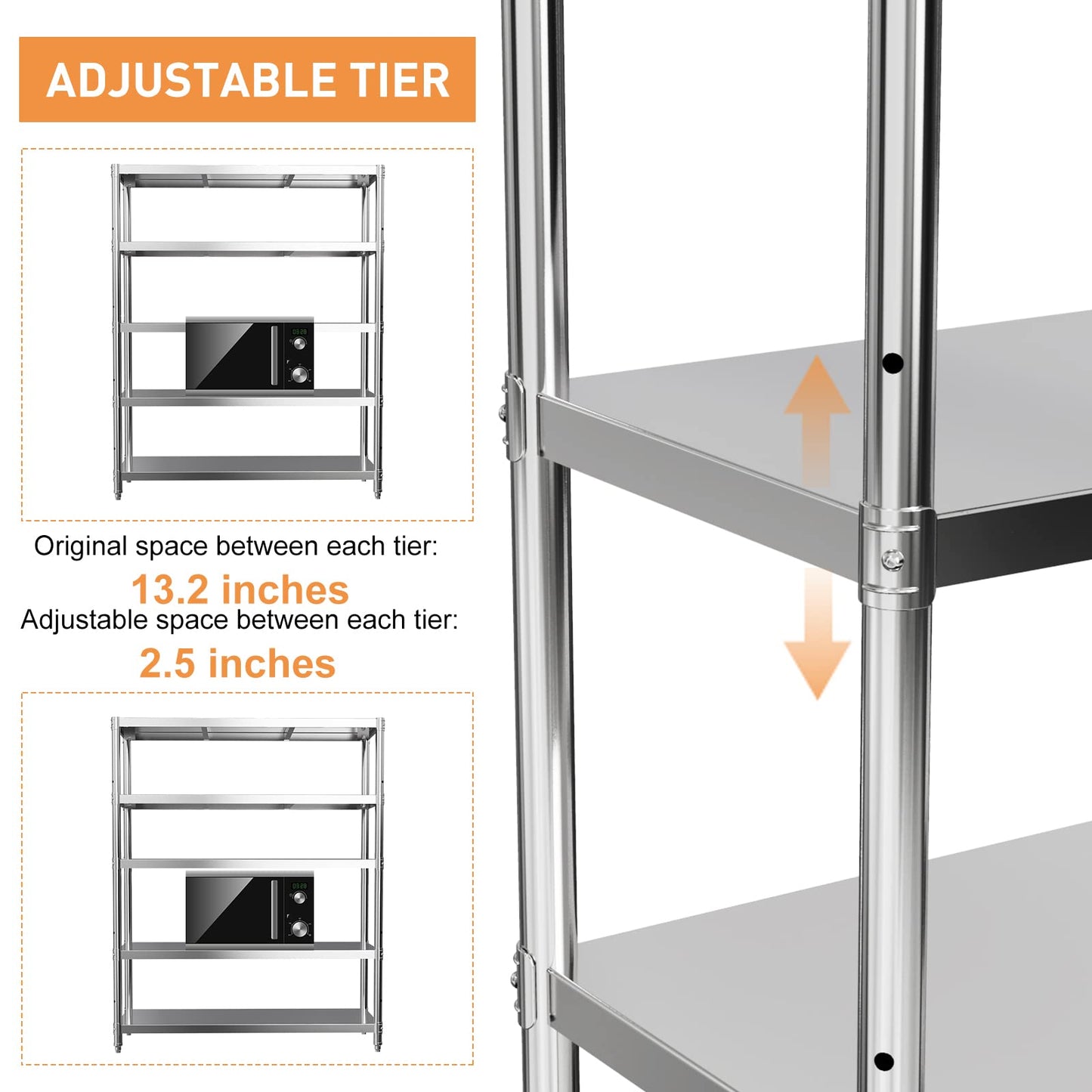 storage rack, 5 Tier Shelf Adjustable Stainless Steel Shelves, Sturdy Metal Shelves Heavy Duty Shelving Units and Storage for Kitchen Commercial Office Garage Storage, 47L X 16W X 59H 1100Lbs Total
