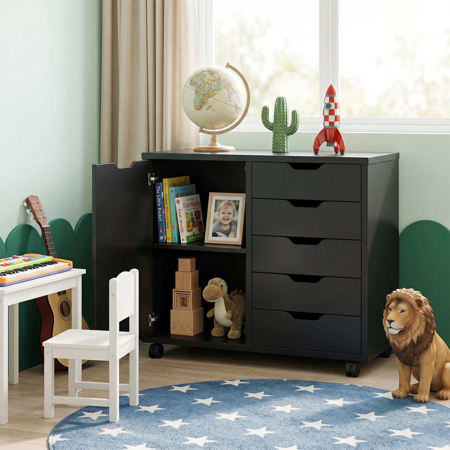 SageNest 5 Drawer File Cabinet with Wheels, Rolling Office Storage Cabinet with Shelves and Door, Printer Stand with Drawers, Under Desk Filing Cabinet with Wood Board, Black