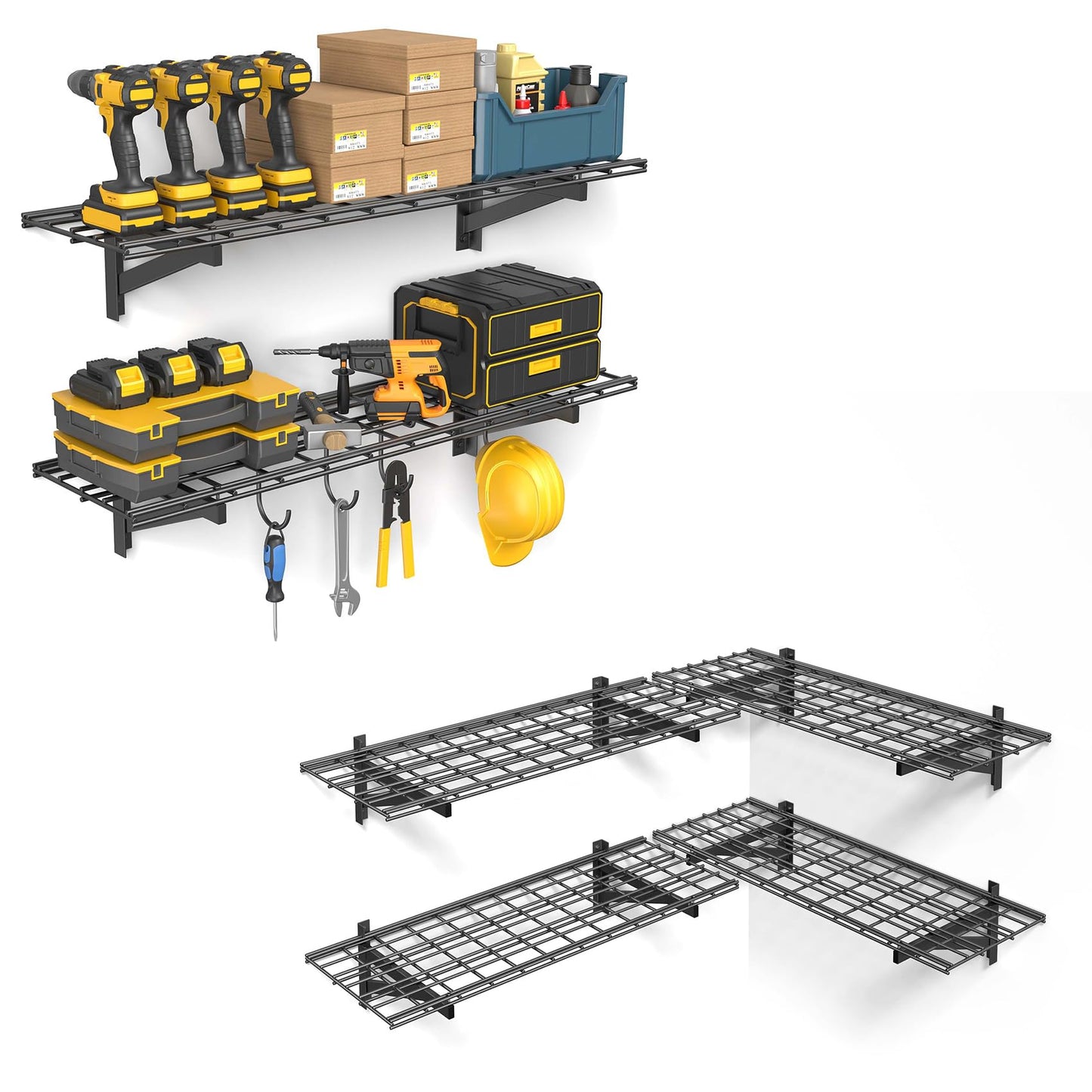 Jusgym 4 Pack Heavy Duty Garage Wall Shelving Set (1.5x4ft), Wall Mounted Garage Shelves 1400lbs Capacity, 2 Pack Garage Shelving Wall Mount (1x4ft), Tool Organizer with 4 Hooks, 700 lbs Capacity