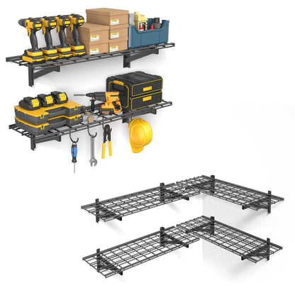 Jusgym 4 Pack Heavy Duty Garage Wall Shelving Set (1.5x4ft), Wall Mounted Garage Shelves 1400lbs Capacity, 2 Pack Garage Shelving Wall Mount (1x4ft), Tool Organizer with 4 Hooks, 700 lbs Capacity