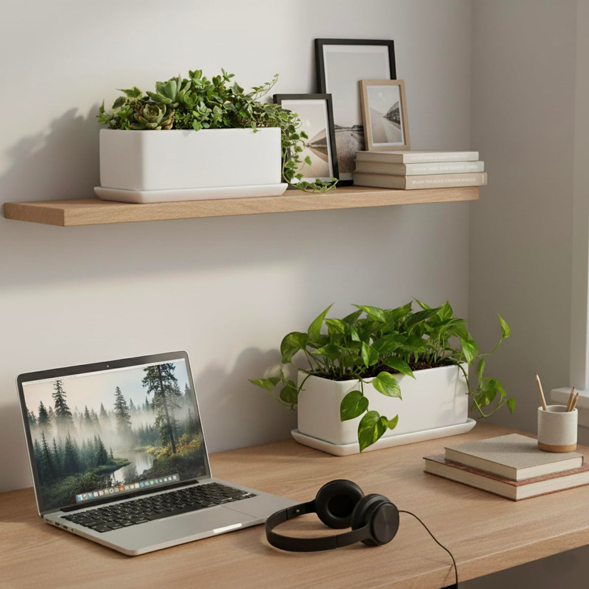 MyGift 10 Inch Modern Unglazed White Ceramic Indoor Plant Pot with Drainage Hole, Rectangular Succulent Planter Window Box with Removable Saucer, 2 Pack