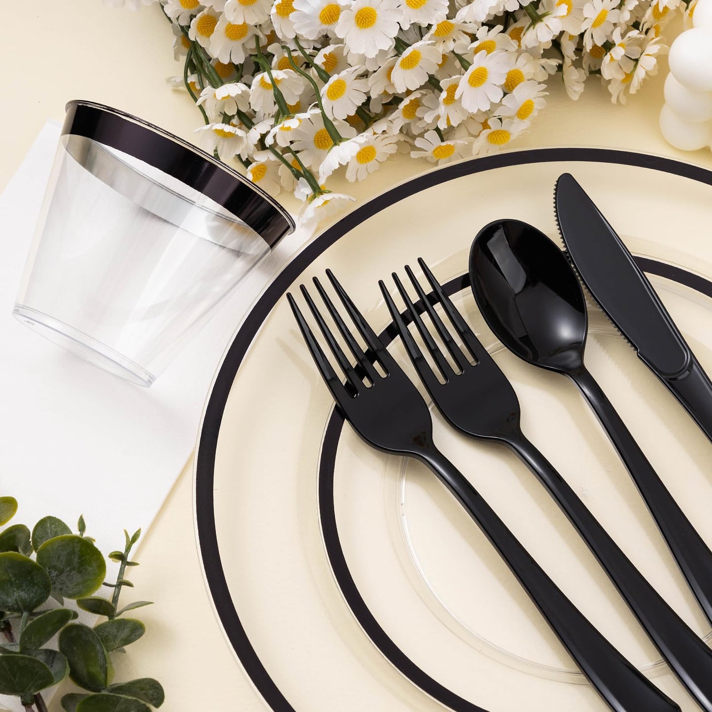 Beststar 350PCS Black and Clear Plastic Dinnerware Sets for 50 Guests, Include 100 Black Disposable Plates, 100 Forks, 50 Knives, 50 Spoons, 50 Cups,Halloween