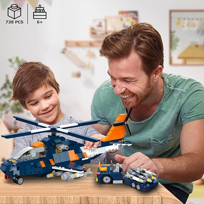 HOGOKIDS 3 in 1 Fighter Jet Plane Building Sets Military Propeller Aircraft Gunship Building Toys with Vehicle/Rocket Launcher/Speedboat Model Toys Birthday Gift for Kids Boys and Girls 10+ 738PCS