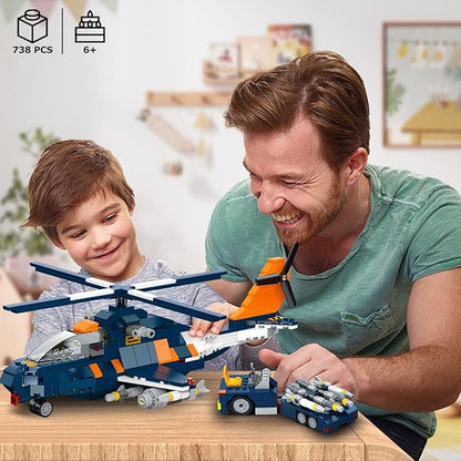 HOGOKIDS 3 in 1 Fighter Jet Plane Building Sets Military Propeller Aircraft Gunship Building Toys with Vehicle/Rocket Launcher/Speedboat Model Toys Birthday Gift for Kids Boys and Girls 10+ 738PCS
