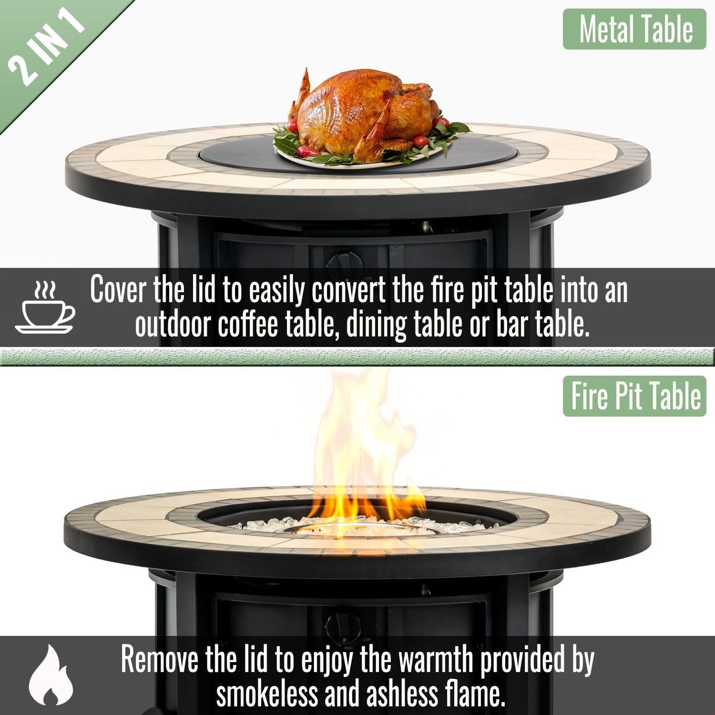 30" Propane Gas Fire Pit Table, 50000 BTU Round Outdoor Fire Pit with Mosaic Ceramic Tabletop, Steel Patio Fire Table with Lid & Rain Cover for Backyard Deck Garden, Black