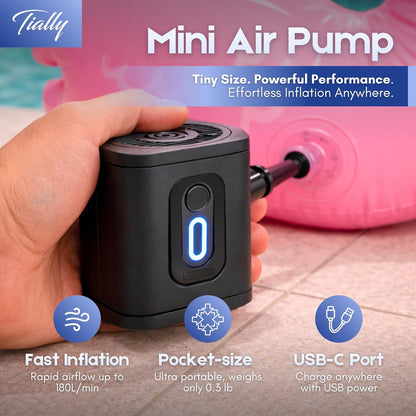 TIALLY Portable Air Pump - Fast Mini Electric Inflator with Rechargeable Battery for Pool Floats, Air Mattresses & Toys
