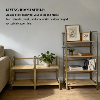 Kogven Folding Bookshelf, 2-in-1 Convertible Design, Multifunctional Plant Stand Storage Rack Shelves for Home Office, Easy Assembly, 4-Tier,Gold & Nature Wood