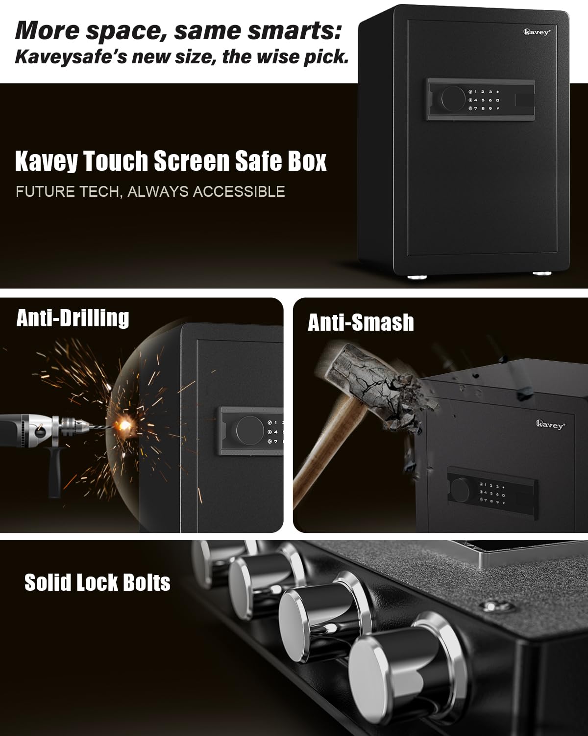 Kavey 2.5 Cub Safe Box, Large Home Safe with Fireproof Waterproof Bag, Security Safes with Backlit Touch Screen Keypad, Dual Alarm System and Mute Function for Home Office 13"D x 14.96"W x 21.65"H