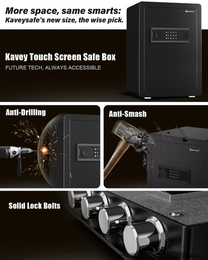 Kavey 2.5 Cub Safe Box, Large Home Safe with Fireproof Waterproof Bag, Security Safes with Backlit Touch Screen Keypad, Dual Alarm System and Mute Function for Home Office 13"D x 14.96"W x 21.65"H